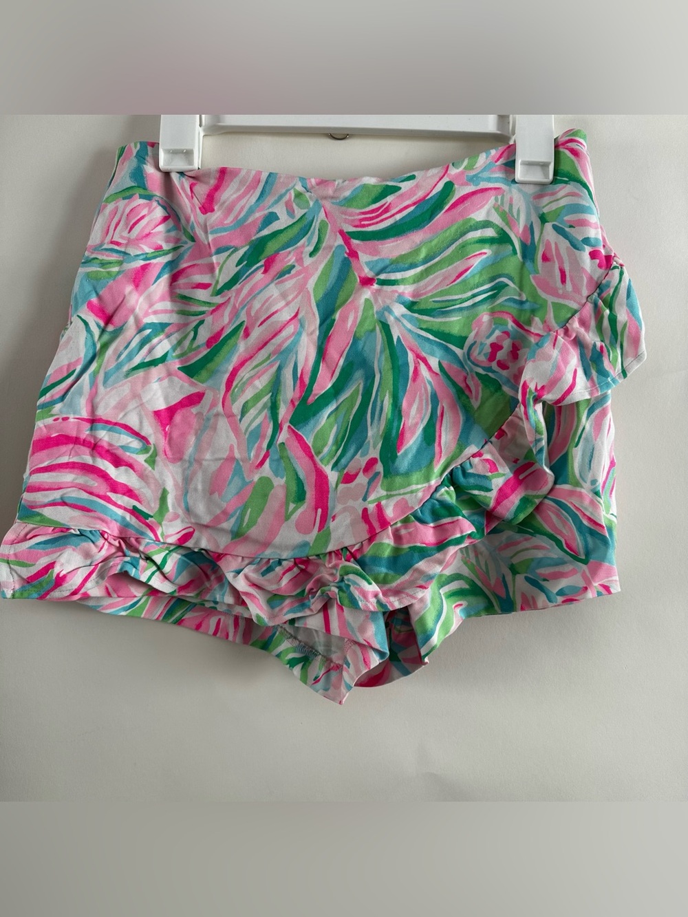 Lilly Pulitzer Faye Skort 8 Pink Green Tropical Palm Ruffle Wrap Mini Preppy